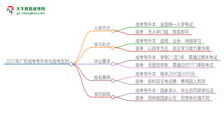 2025年廣東成考專升本和自考有什么區(qū)別？思維導圖
