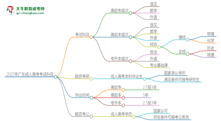 2025年廣東成人高考考試要考幾科？思維導圖