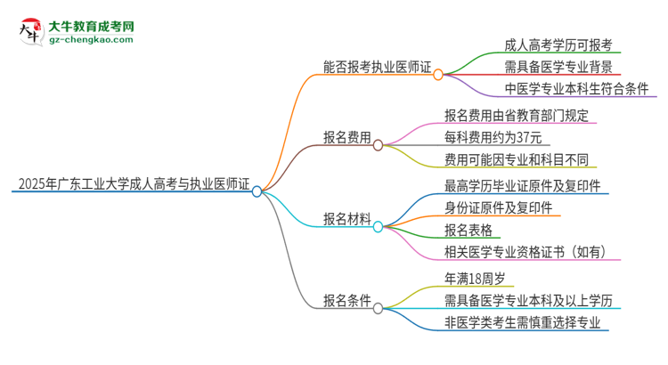 2025年廣東工業(yè)大學(xué)的成人高考學(xué)歷能報(bào)考執(zhí)業(yè)醫(yī)師證嗎？思維導(dǎo)圖