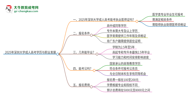 2025年深圳大學(xué)的成人高考學(xué)歷能報考執(zhí)業(yè)醫(yī)師證嗎？思維導(dǎo)圖