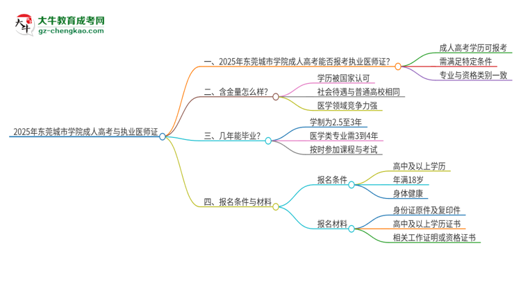 2025年東莞城市學院的成人高考學歷能報考執(zhí)業(yè)醫(yī)師證嗎？思維導圖