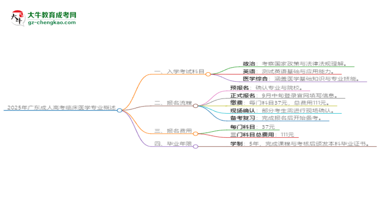 2025年廣東成人高考臨床醫(yī)學(xué)專業(yè)入學(xué)考試科目有哪些？思維導(dǎo)圖