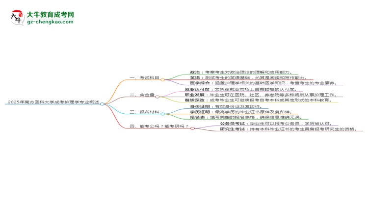 2025年南方醫(yī)科大學(xué)成考護(hù)理學(xué)專業(yè)入學(xué)考試科目有哪些？思維導(dǎo)圖