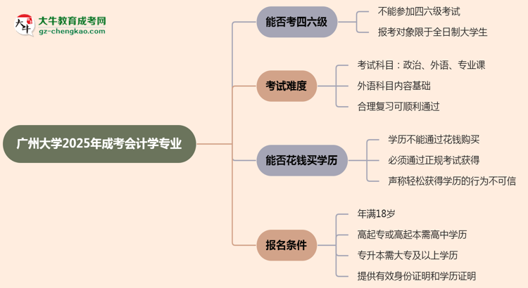 廣州大學(xué)2025年成考會計學(xué)專業(yè)生可不可以考四六級？思維導(dǎo)圖