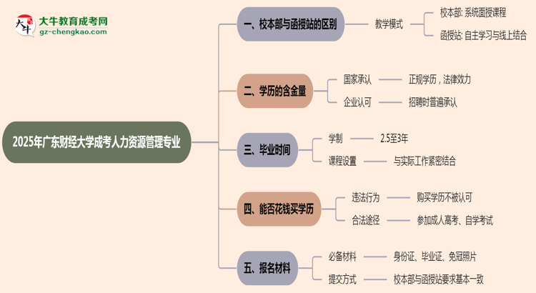 廣東財(cái)經(jīng)大學(xué)2025年成考人力資源管理專業(yè)校本部和函授站哪個(gè)更好？思維導(dǎo)圖