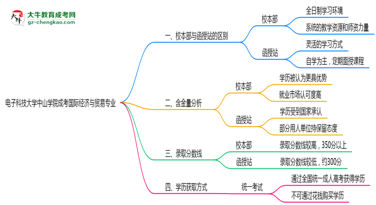 電子科技大學(xué)中山學(xué)院2025年成考國際經(jīng)濟(jì)與貿(mào)易專業(yè)校本部和函授站哪個更好？思維導(dǎo)圖
