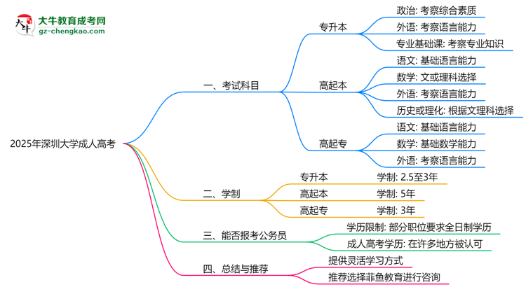 2025年深圳大學成人高考入學考試科目有哪些？思維導圖