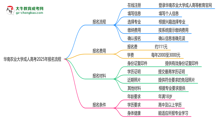 華南農(nóng)業(yè)大學(xué)成人高考2025年報(bào)名流程思維導(dǎo)圖