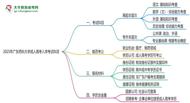 2025年廣東藥科大學(xué)成人高考入學(xué)考試科目有哪些？思維導(dǎo)圖