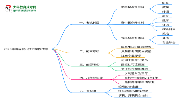 必看！2025清遠(yuǎn)職業(yè)技術(shù)學(xué)院成考入學(xué)考試科目及備考策略匯總思維導(dǎo)圖