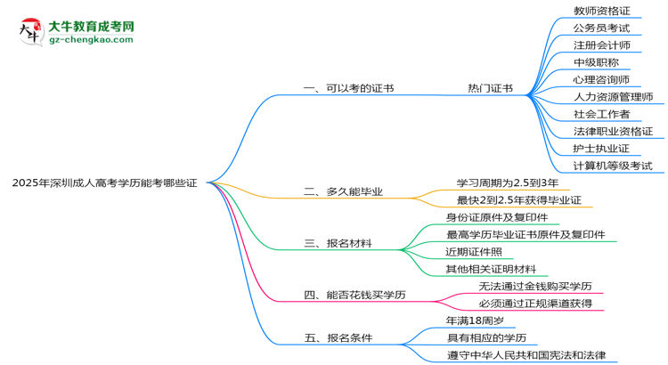 2025年深圳成人高考學(xué)歷能考哪些證？十大熱門證書盤點(diǎn)思維導(dǎo)圖