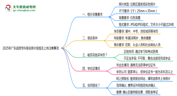 2025年廣東函授專科報名照片規(guī)格及上傳注意事項思維導圖