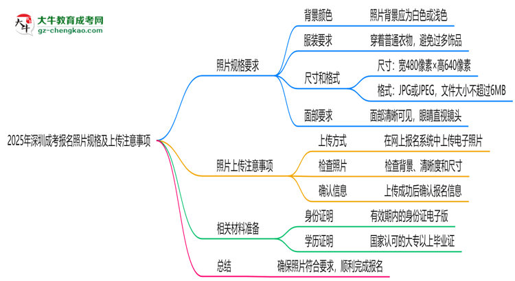 2025年深圳成考報(bào)名照片規(guī)格及上傳注意事項(xiàng)思維導(dǎo)圖