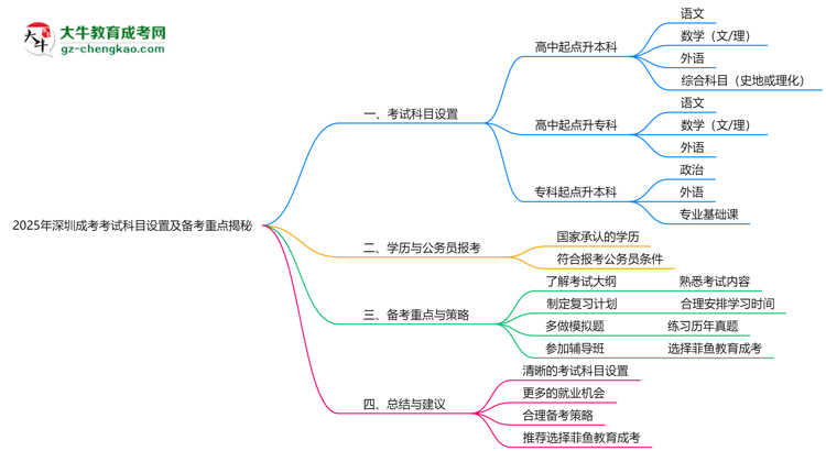 2025年深圳成考考試科目設(shè)置及備考重點揭秘思維導(dǎo)圖