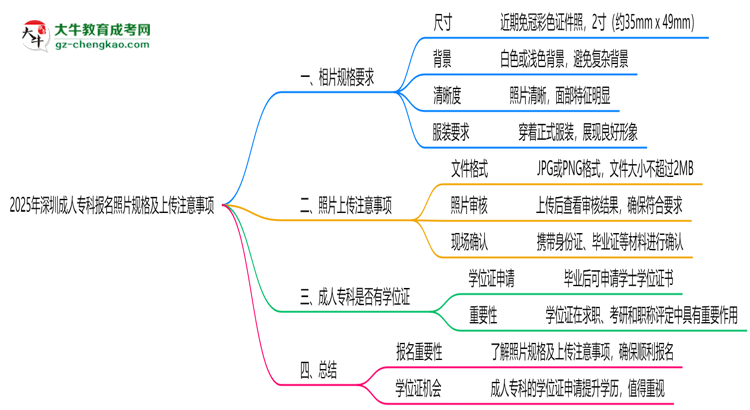 2025年深圳成人專科報名照片規(guī)格及上傳注意事項思維導(dǎo)圖