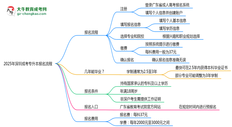 2025年深圳成考專升本報(bào)名流程：從注冊(cè)到繳費(fèi)全指南思維導(dǎo)圖