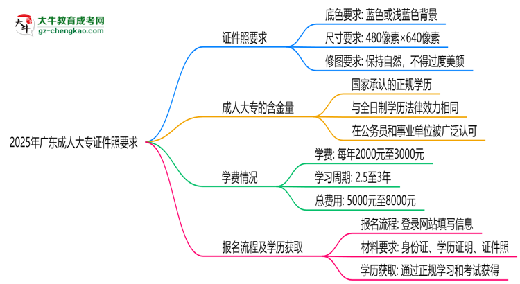 2025年廣東成人大專證件照要求：藍底/尺寸/修圖思維導(dǎo)圖