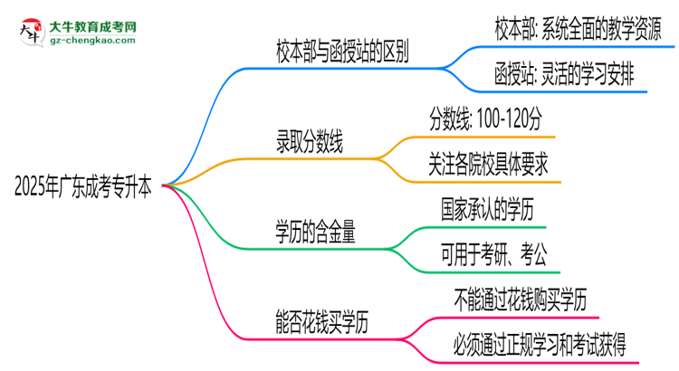 2025年報廣東成考專升本選校本部or函授站？區(qū)別解析思維導(dǎo)圖