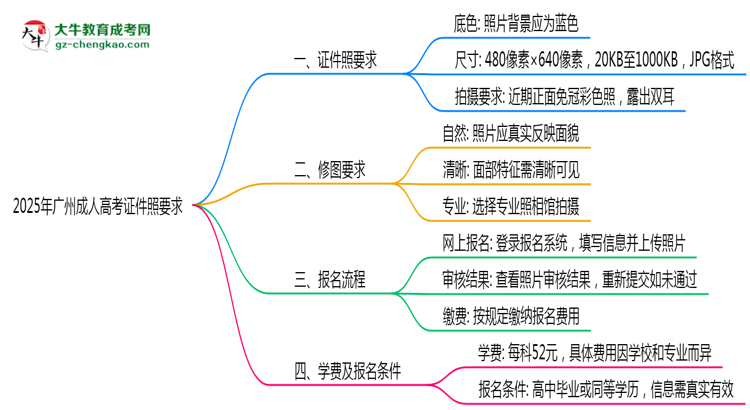 2025年廣州成人高考證件照要求：藍底/尺寸/修圖思維導(dǎo)圖