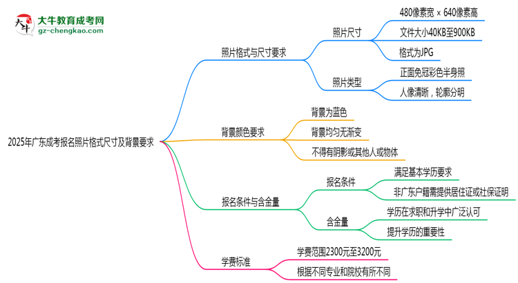 2025年廣東成考報名照片格式尺寸及背景要求思維導圖